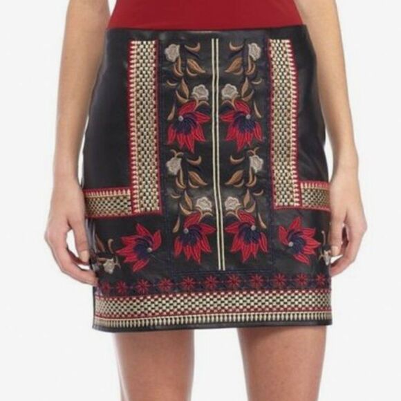 Faux Leather Skirt, Embroidered Midi Length, Size Large, Worn Once - Picture 5 of 5